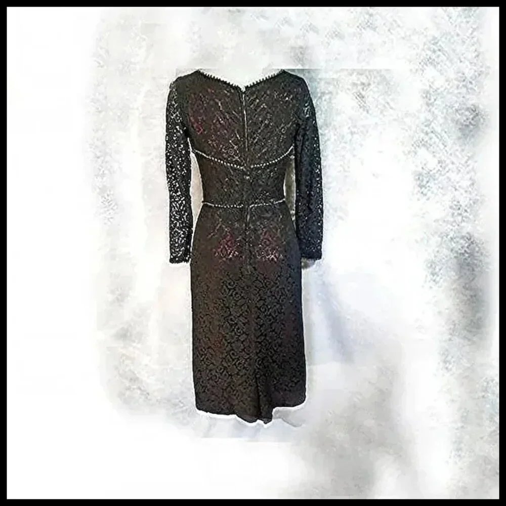 Vintage Little Black Lace Sheath Long Sleeve Cocktail Dress ~ VFG ~OOAK - Picture 4 of 13